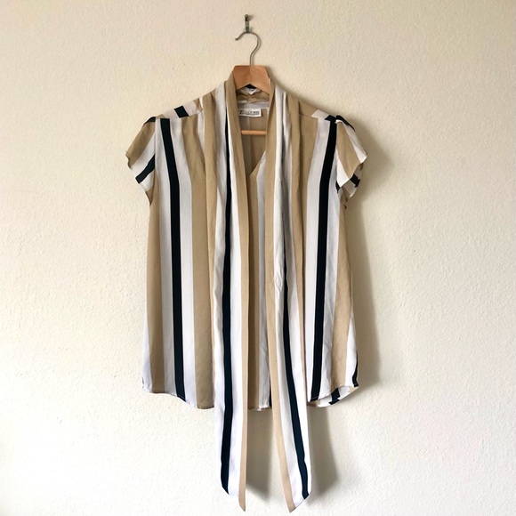 NEW YORK & COMPANY Black White & Beige Vertical Stripes Blouse - Women's Medium - Picture 3 of 9